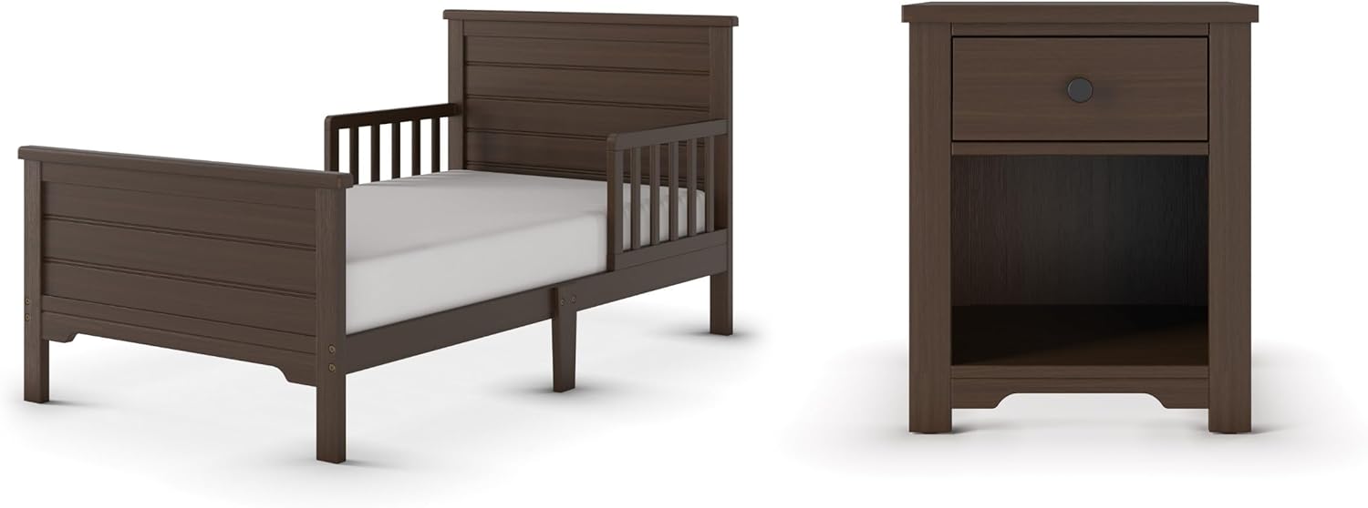 Child Craft Woodland Toddler Bed and Nightstand Bedroom Furniture Set, 2 Piece, Low to Ground Design (Brushed Truffle)