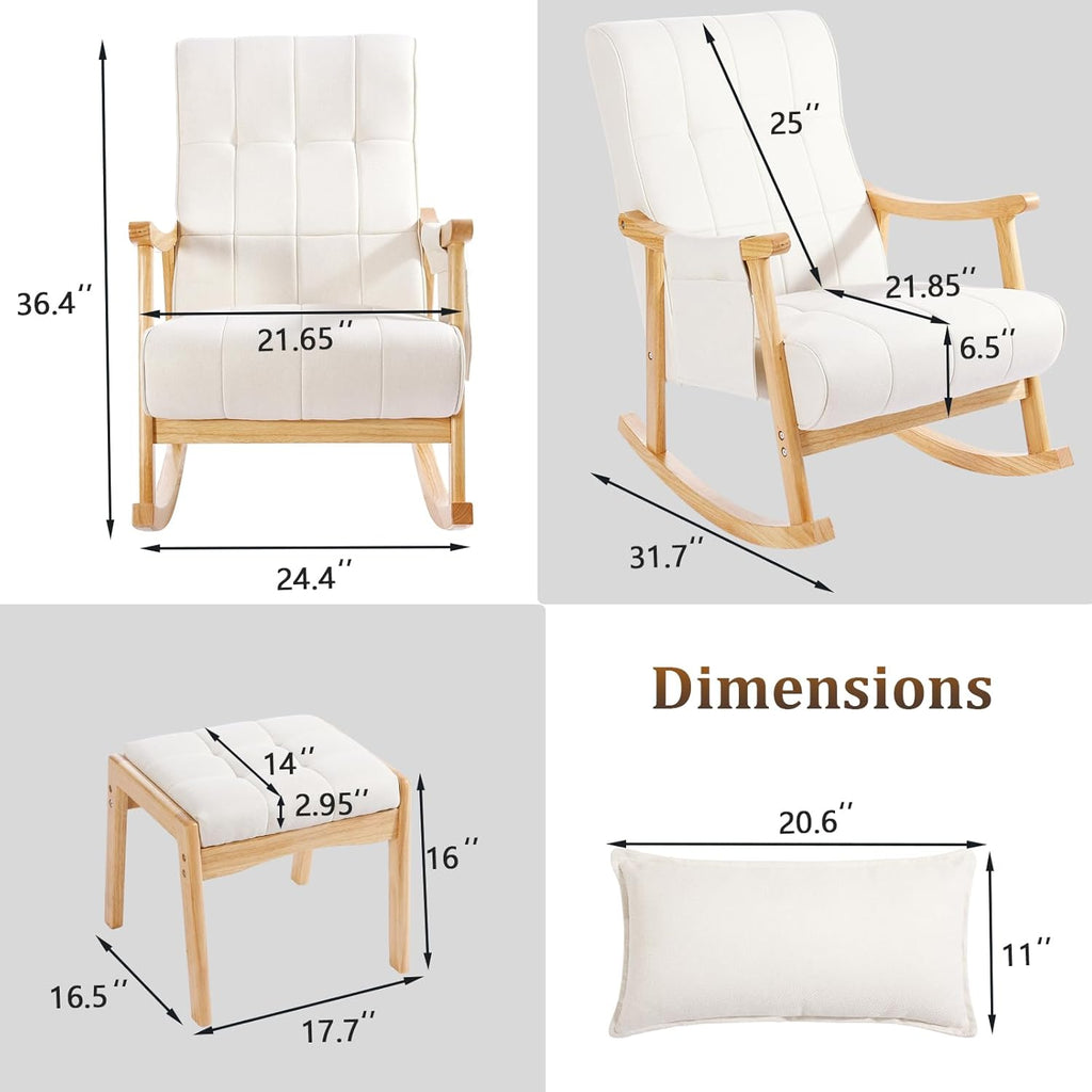 NOBLEMOOD Upholstered Rocking Chair with Ottoman, Modern Indoor Nursery Glider Rocker Chair, Solid Wood High Back Armchair with Fabric Padded Seat for Living Room Bedroom