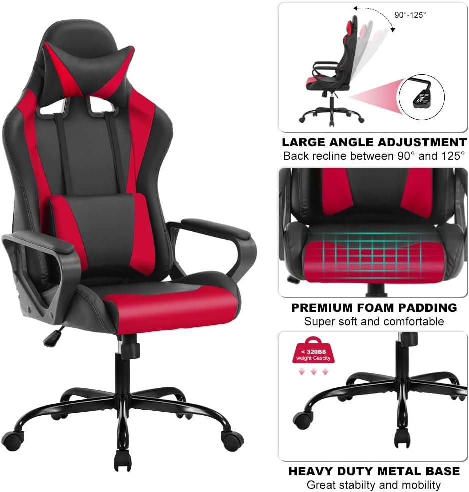 Ergonomic Gaming Chair, High Back PU Leather Office Chair with Adjustable Lumbar Support & Headrest – Swivel Computer Desk Chair for Adults, Teens, Kids – Heavy Duty Executive Red Game Chair-Red