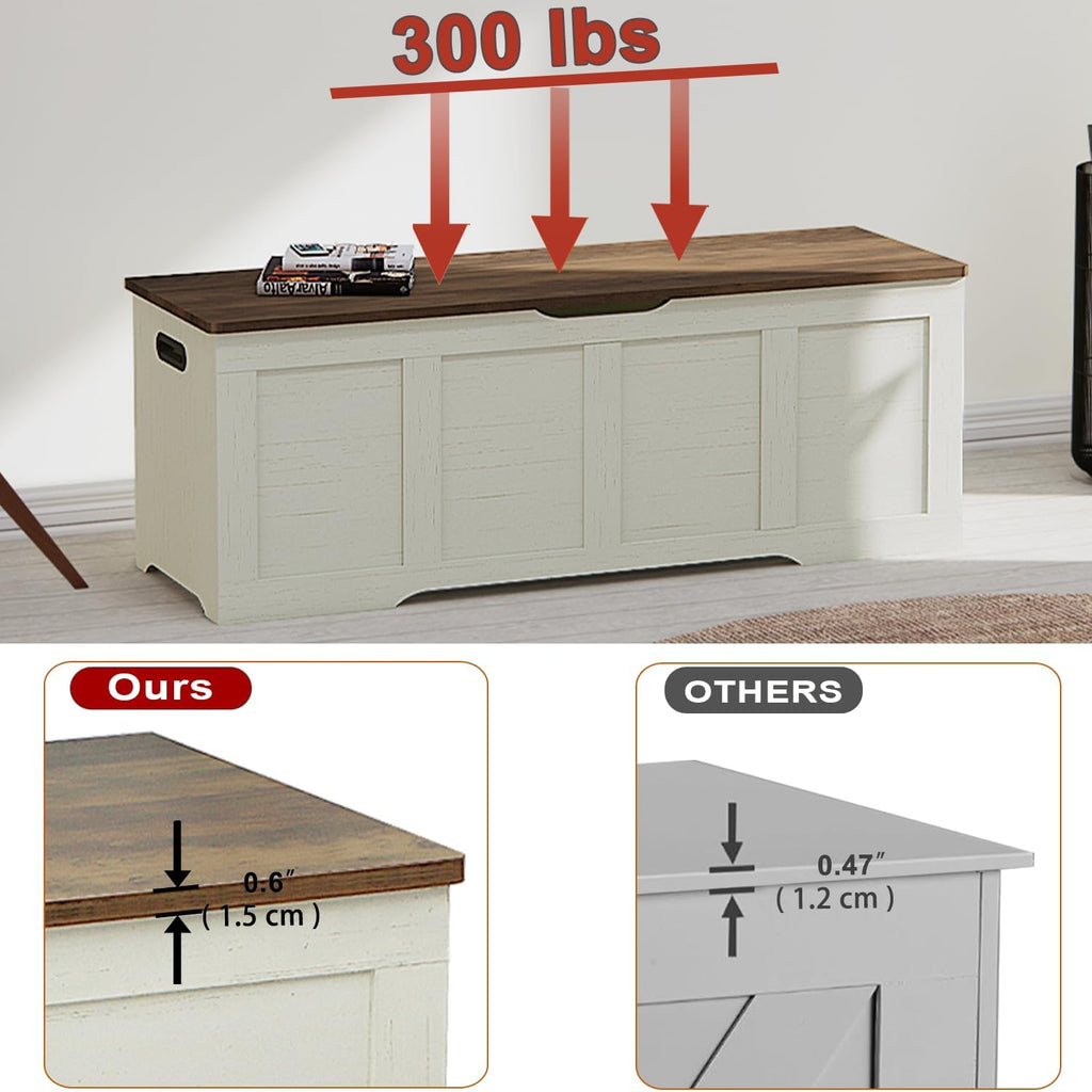 Timberer 47.2" Storage Chest, Extra Large Storage Trunk with 2 Safety Hinges, Wooden Storage Bench, Shoe Bench, Entryway Bench for Living Room, Bedroom, Brown and Rustic White