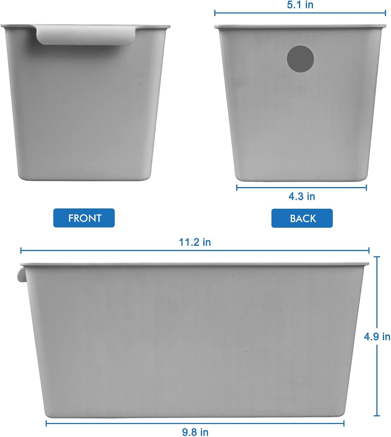 Plastic Storage Bins 6 Pack, Front Handle Design, 11"x5" Pantry Organization and Storage Open Top Baskets for Shelves Closet Cabinet Sink Counter Cupboard Drawer Rridge (Gray)