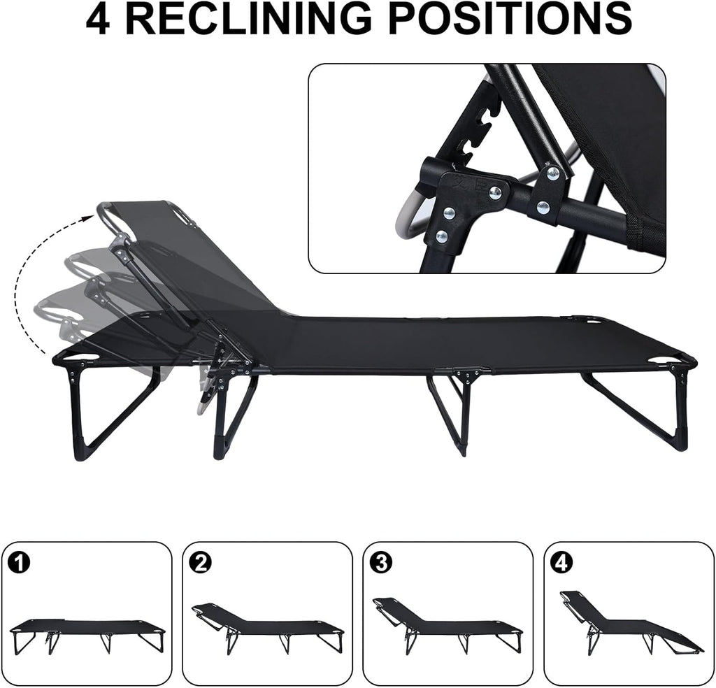 Chaise Lounge Chair | Outdoor Tanning Chair with Pillow[4 Positions] | Heavy Duty Portable Lounge Chairs | Patio Chaise Lounger Camping Cot for Outdoor Sunbathing Patio Pool Lawn Deck Poolside Black
