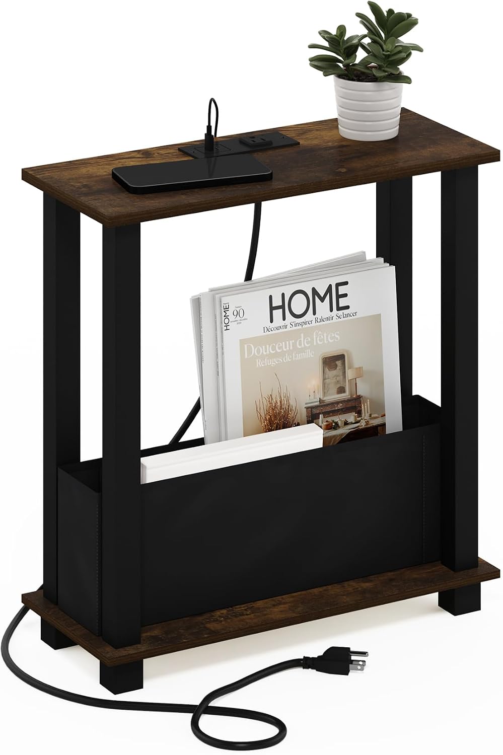 Furinno Turn-S-Tube 2-Tier Slim Narrow Side Table with Charging Station and Storage Bins, End Table, Night Stand, Bedside Table with USB and Type-C Charging Port, for Living Room, Bedroom, Amber Oak