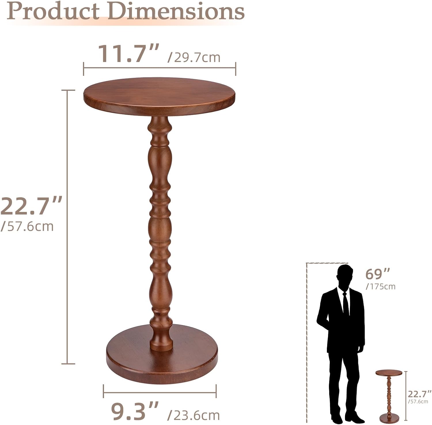 Solid Wood Round Side Table, Rustic Pedestal Drink Table for Small Spaces, Accent Nightstand Table for Living Room, Bedroom, Corners, and Office, Brown