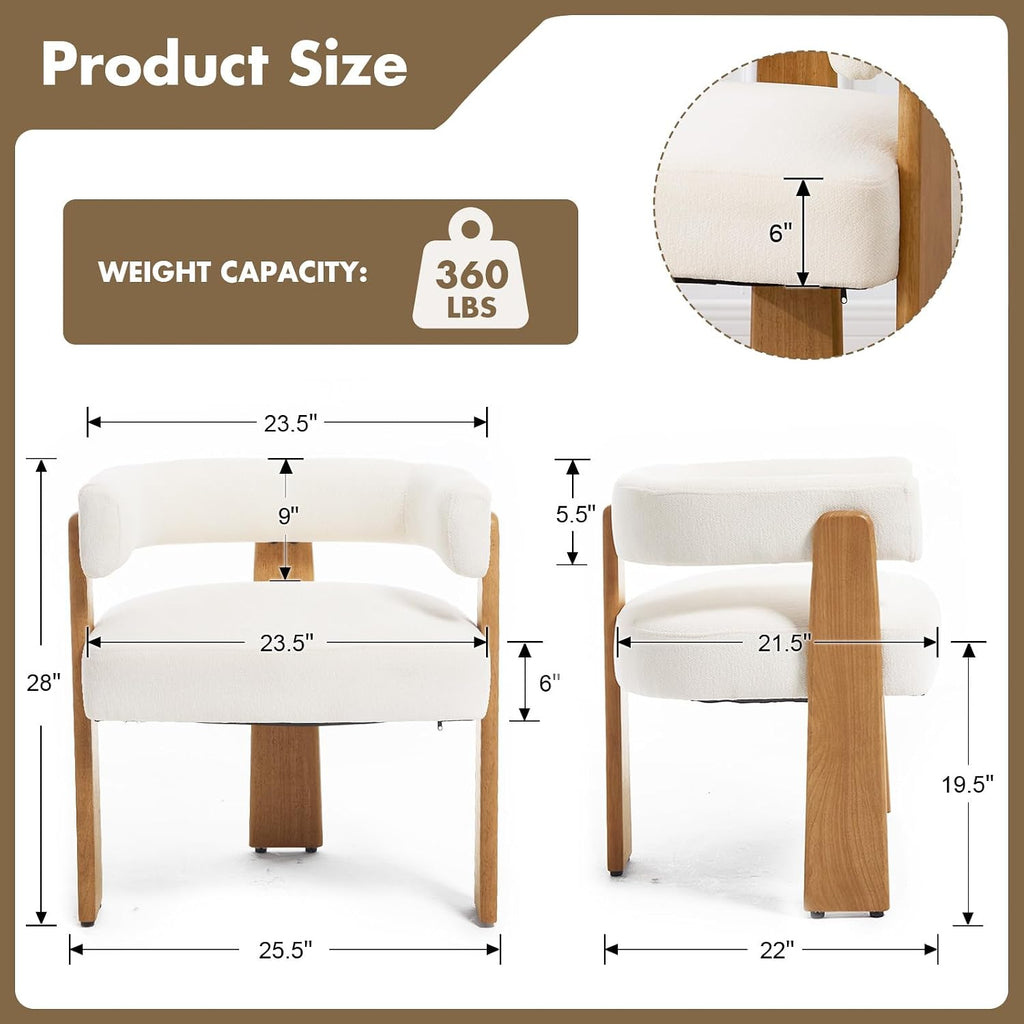 Hyfirm Set of 6 Modern Boho Barrel Dining Chairs with Wood Legs, White Upholstered Accent Armchairs with Thick Padded Cushion for Kitchen, Minimalist Natural Chic Chairs for Living Room