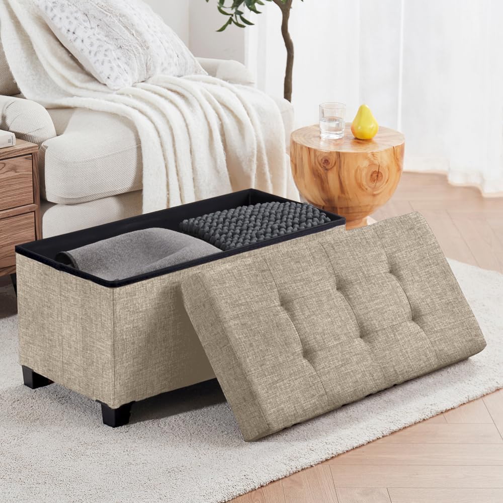 Ornavo Home 30 Inch Storage Ottoman, Large Storage Bench, Ottoman with Storage with Legs, Foot Rest Stool, Bedroom Bench - Tan/Taupe