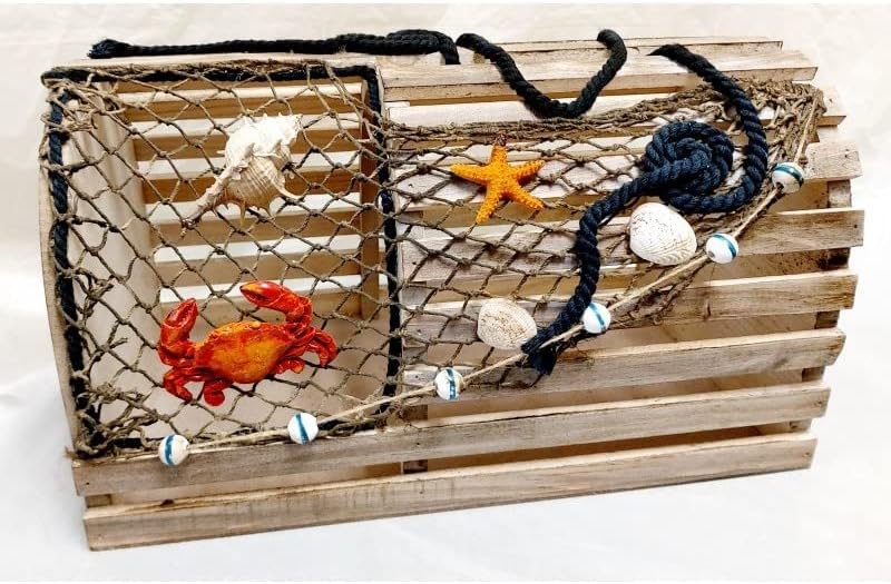 Decorative Lobster Trap Decor – Well Crafted Distressed Wood - Features Fishnet, Seashells Crab Starfish - Nautical Decorations for Home, Boats and Beach House - Decorative Crab Trap Gift Box