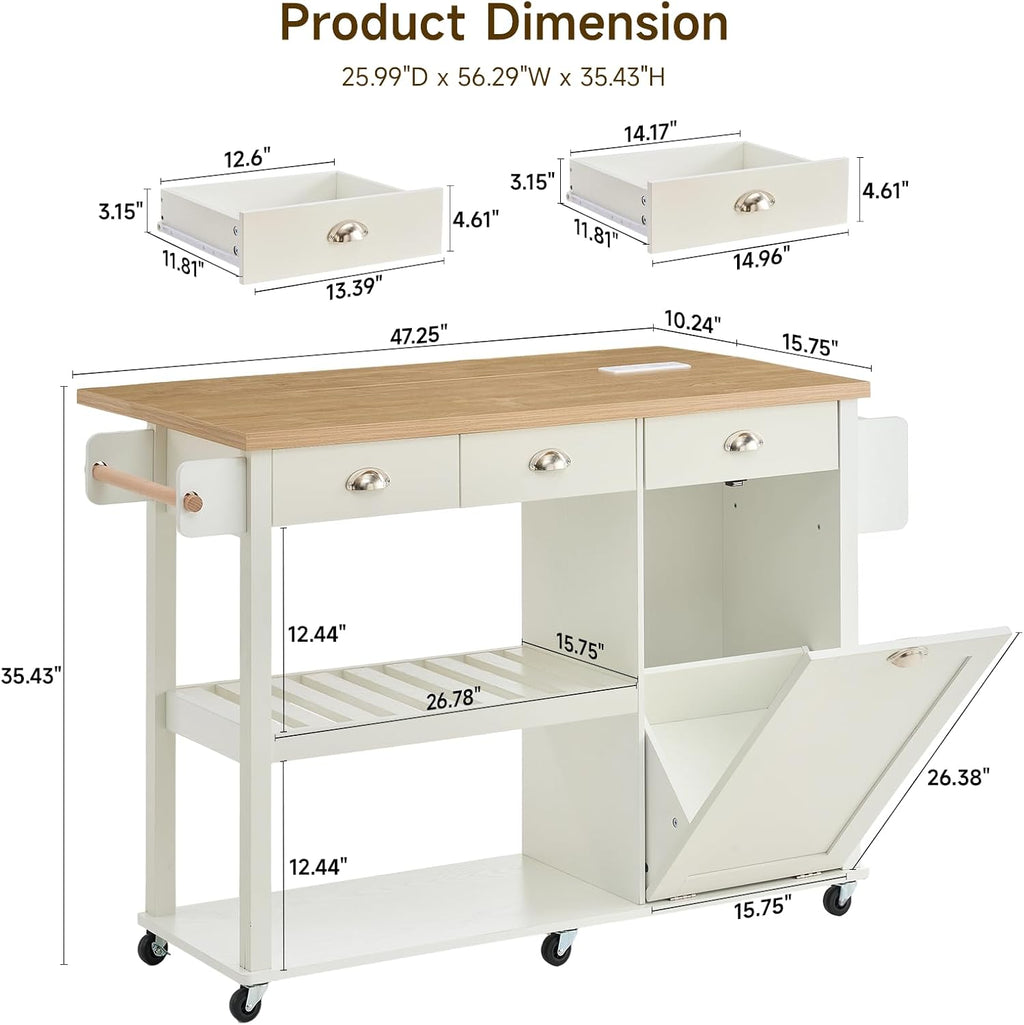 ONBRILL 56" Kitchen Island with Drop Leaf, Rolling Kitchen Cart with Trash Cabinet, Power Outlet, 2-Tier Open Shelves, 3 Drawers, Spice & Paper Towel Racks, 6 Wheels (4 Locking) for Dining Room, White