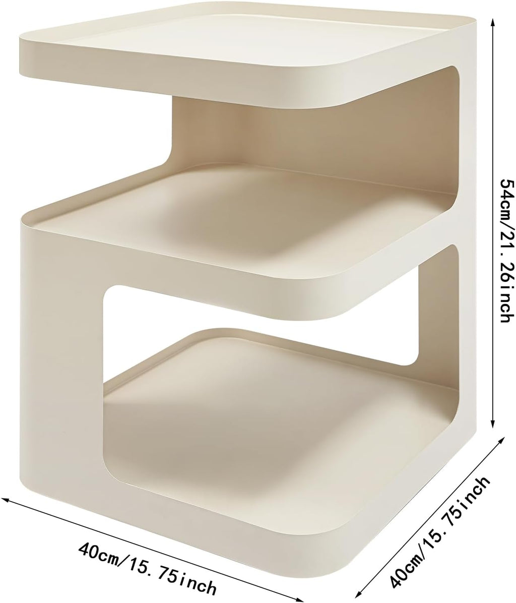 3 Tier Minimalist End Table Modern Side Table with Storage, Freestanding Metal Nightstand for Bedroom, Living Room, Couch, Small Space, Open Design (Cream)
