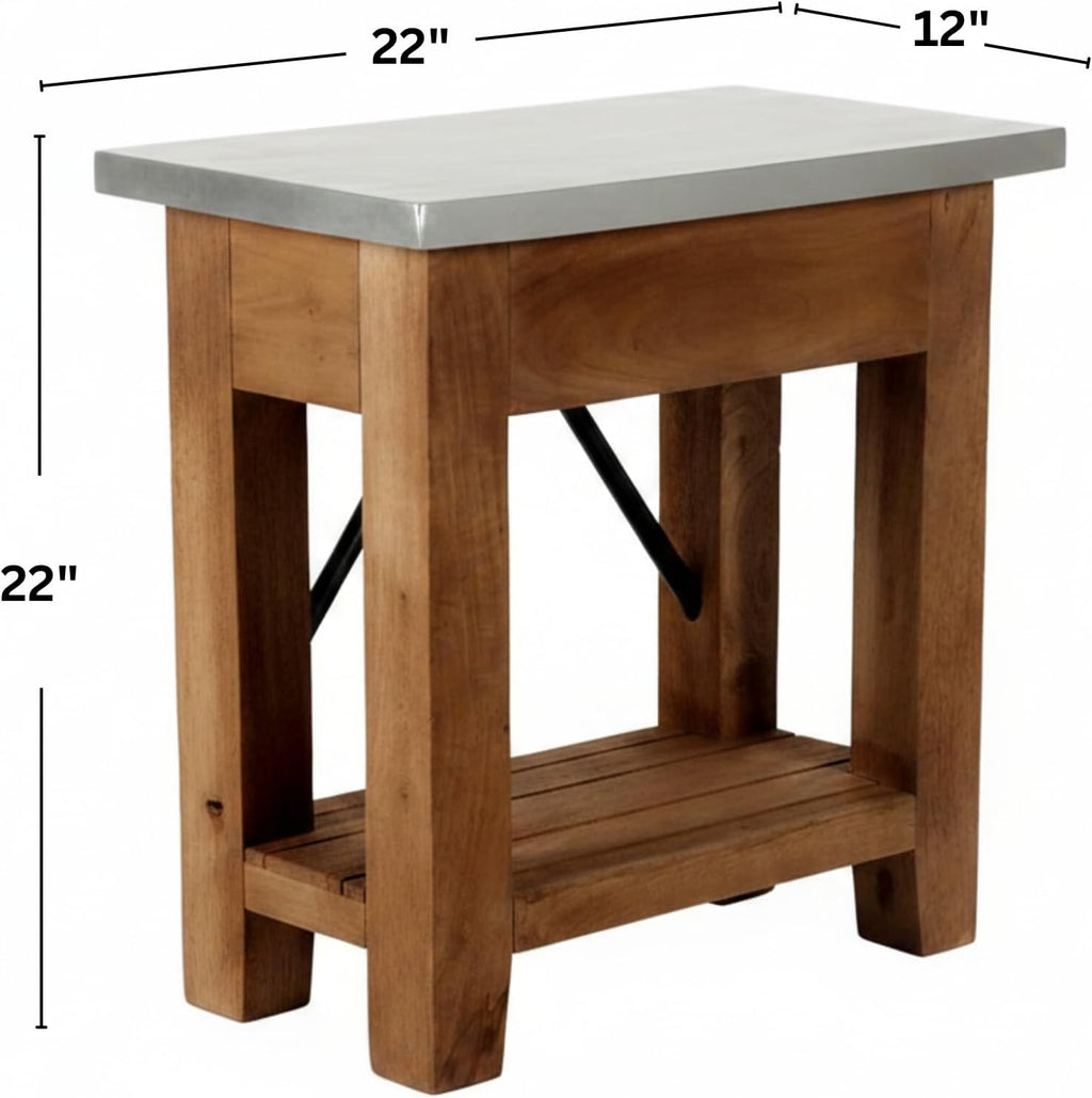 Millwork End Table with Steel Top – Rustic Industrial Narrow Side Table with Lower Shelf and Crossbar Accent – Small Space Accent Table for Living Room, Bedroom, Office by Alaterre Furniture