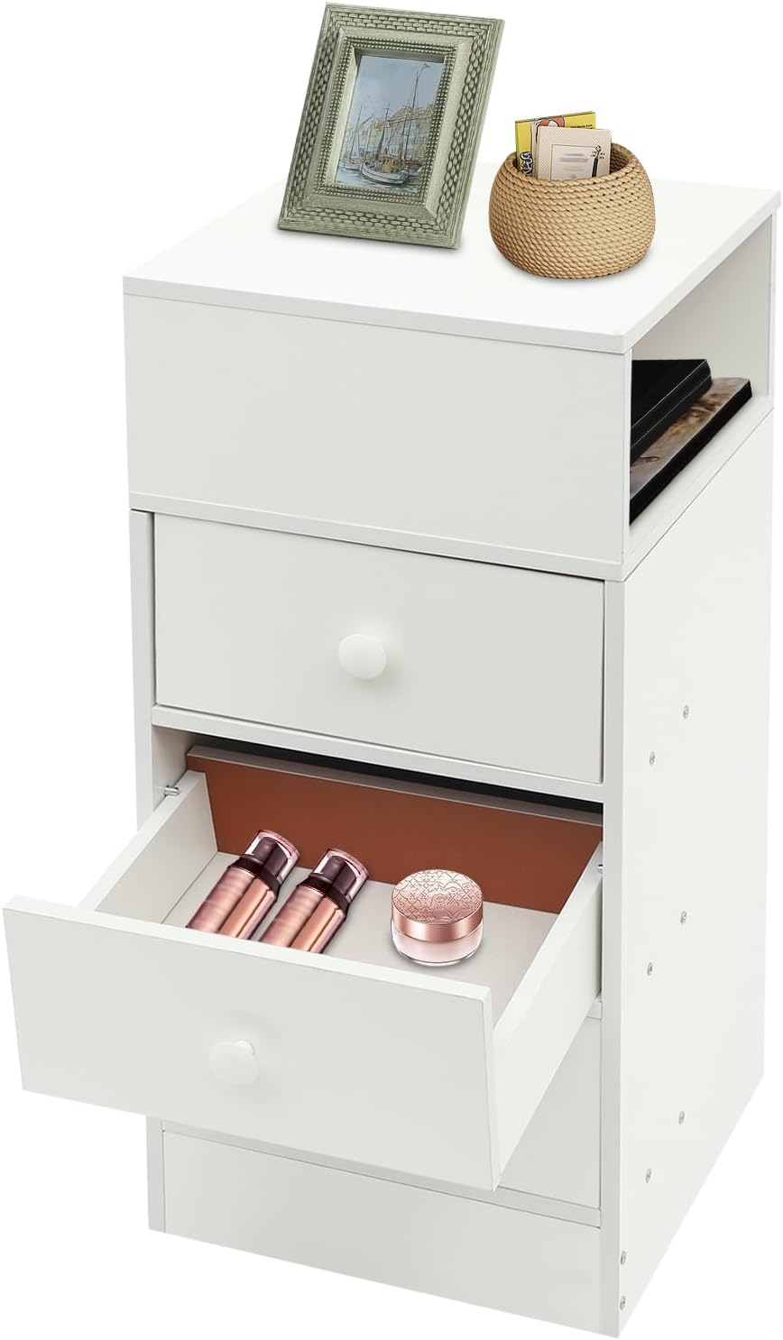 Bedside Cabinet with Drawers White Nightstand Storage Cabinet for Bedroom End Table Study Room Office Night Stand Farmhouse Dresser 11.81×11.81×25.98 Inch
