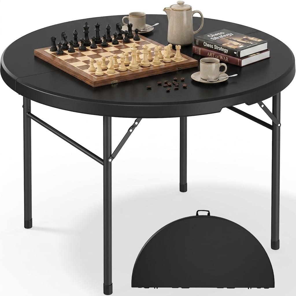 DWVO Heavy Duty 48 Inch Round Folding Table Black Plastic Outdoor Indoor Portable Banquet Setup Ideal for Parties Camping BBQ Events Garden Gatherings with Sturdy Metal Frame and Easy Storage Design