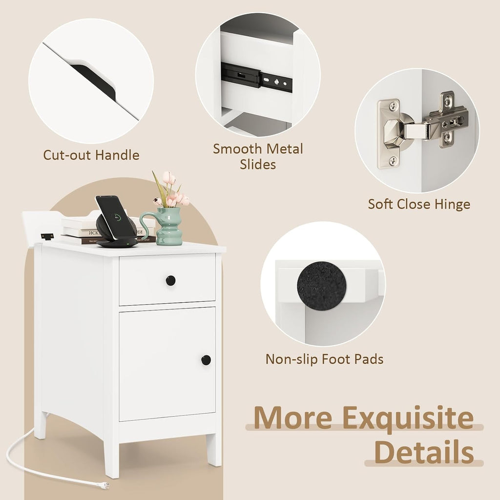 Giantex Night Stand Set 2 with Charging Station, Flip Top End Side Table w/USB Port & Outlets, Modern Bedside Table w/Storage Drawer, Cabinet, Magazine Rack, Narrow Wood Nightstand for Bedroom (White)