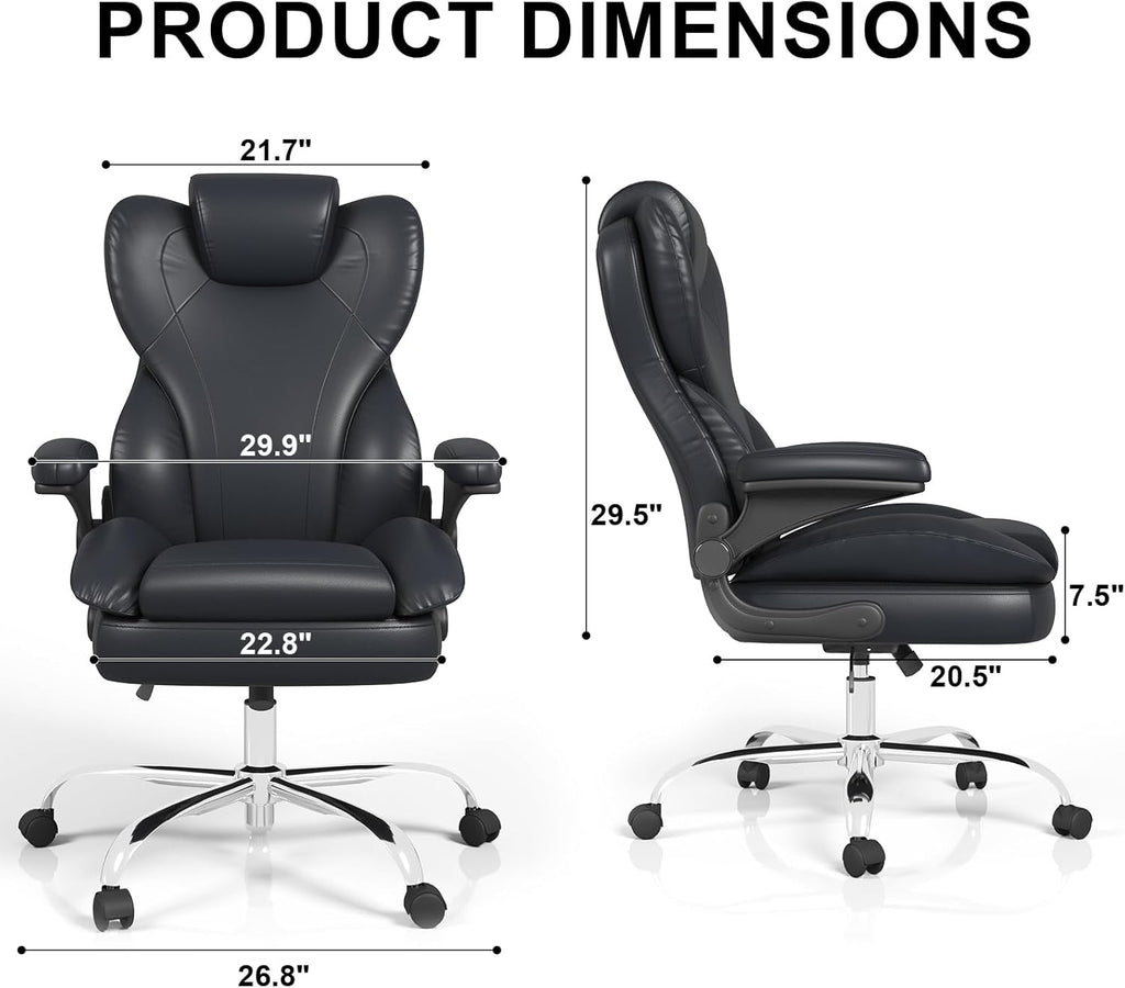 Office Chair, Home Desk Chair, Ergonomic Computer Chair with Lumbar Support, Executive Leather Chair with Flip-Up Armrests, Big and Tall Swivel Rolling Chair, PU Leather, Black