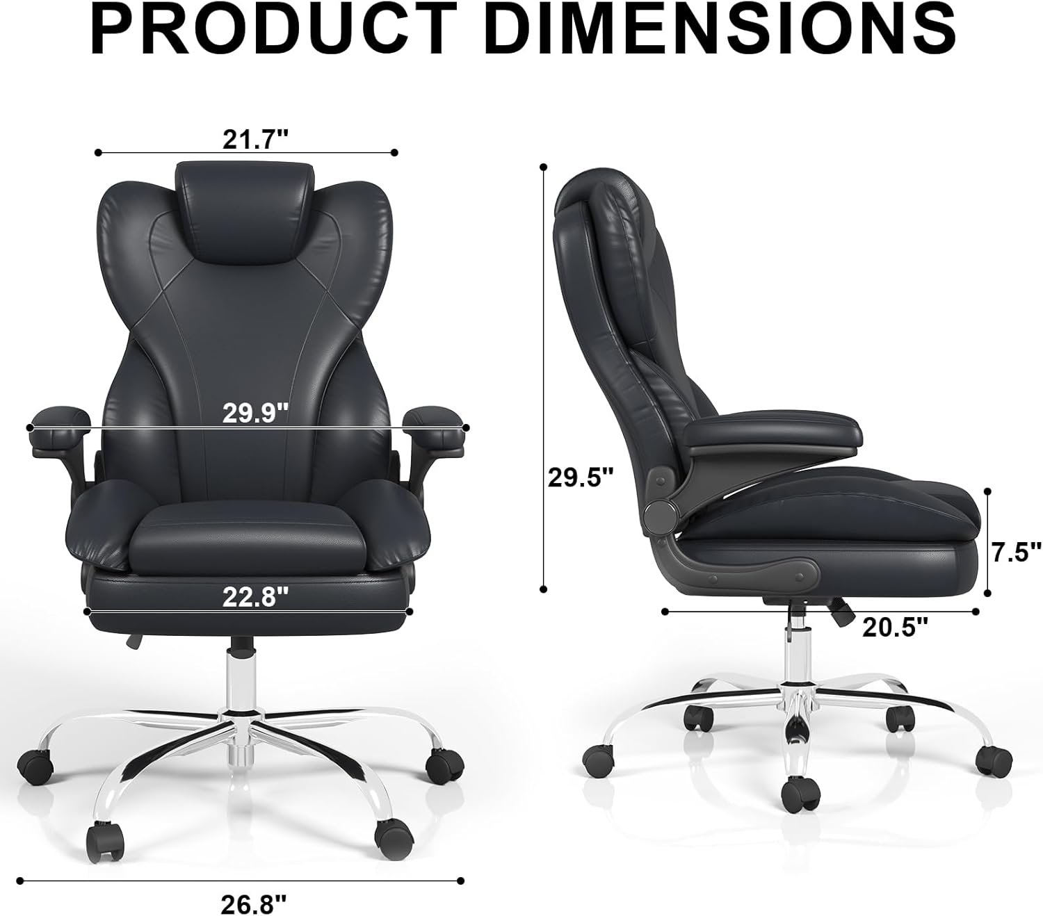 Office Chair, Home Desk Chair, Ergonomic Computer Chair with Lumbar Support, Executive Leather Chair with Flip-Up Armrests, Big and Tall Swivel Rolling Chair, PU Leather, Black