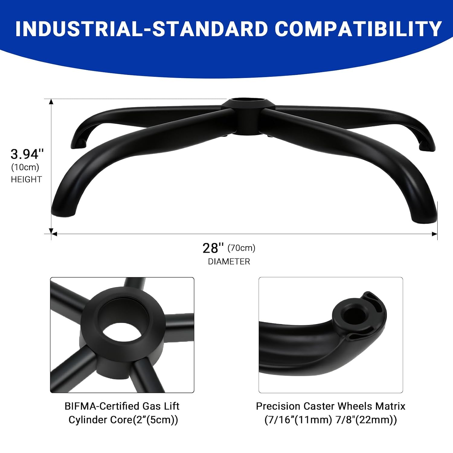 28" Heavy Duty Office Chair Base Replacement Parts for Most Office/Desk Chair - 2400 Lbs Capacity Matte Black Metal Chair Legs with Universal Casters Sockets