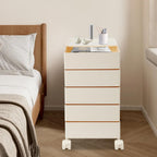 360° Rotating Side Table with 5 Drawers, Movable Storage End Table Sofa Side Cabinet with 4 Universal Casters With Brakes, Rotating Storage Rack 16.3*12.4*24in for Living Room, Bedroom, Office (White)