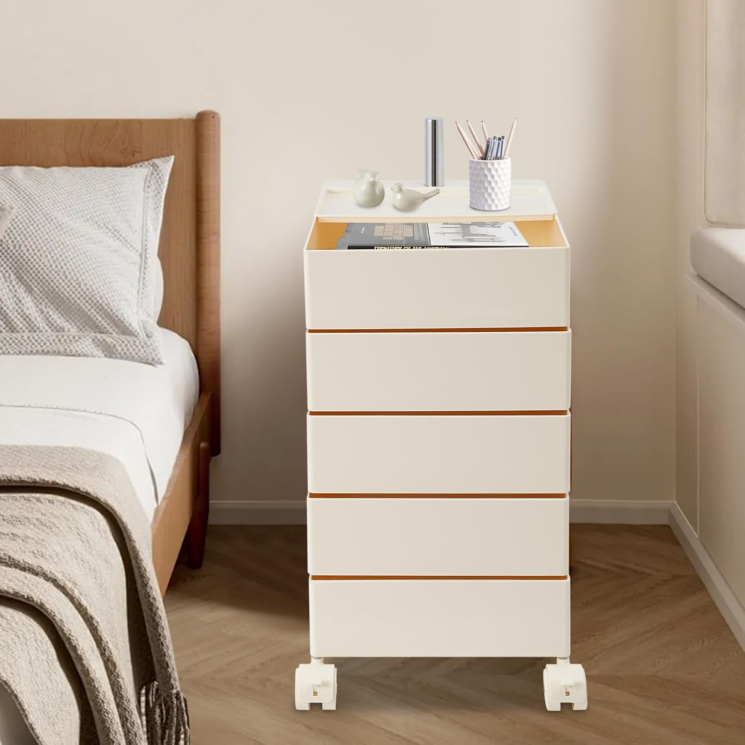 360° Rotating Side Table with 5 Drawers, Movable Storage End Table Sofa Side Cabinet with 4 Universal Casters With Brakes, Rotating Storage Rack 16.3*12.4*24in for Living Room, Bedroom, Office (White)
