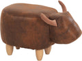 Decorative Buffalo Ottoman Footstool Cute Animal Upholstered Stool for Kids Wooden Footrest Accent Furniture, Brown