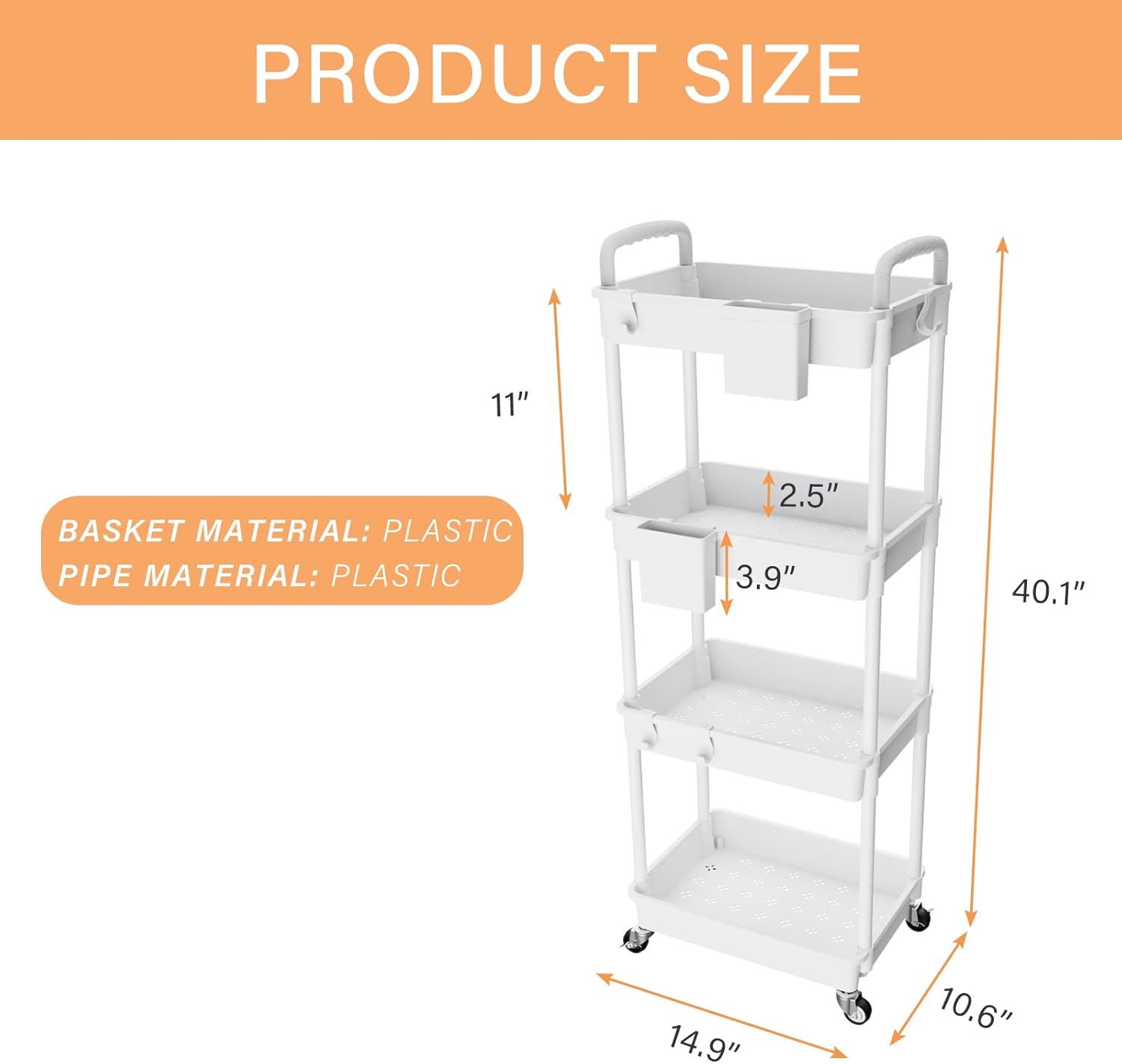 4 Tier Rolling Utility Cart with Handle,REBECAT Utility Cart Made of Multifunctional Storage Organizer Tool for Kitchen,Bathroom,Living Room,Office(White)