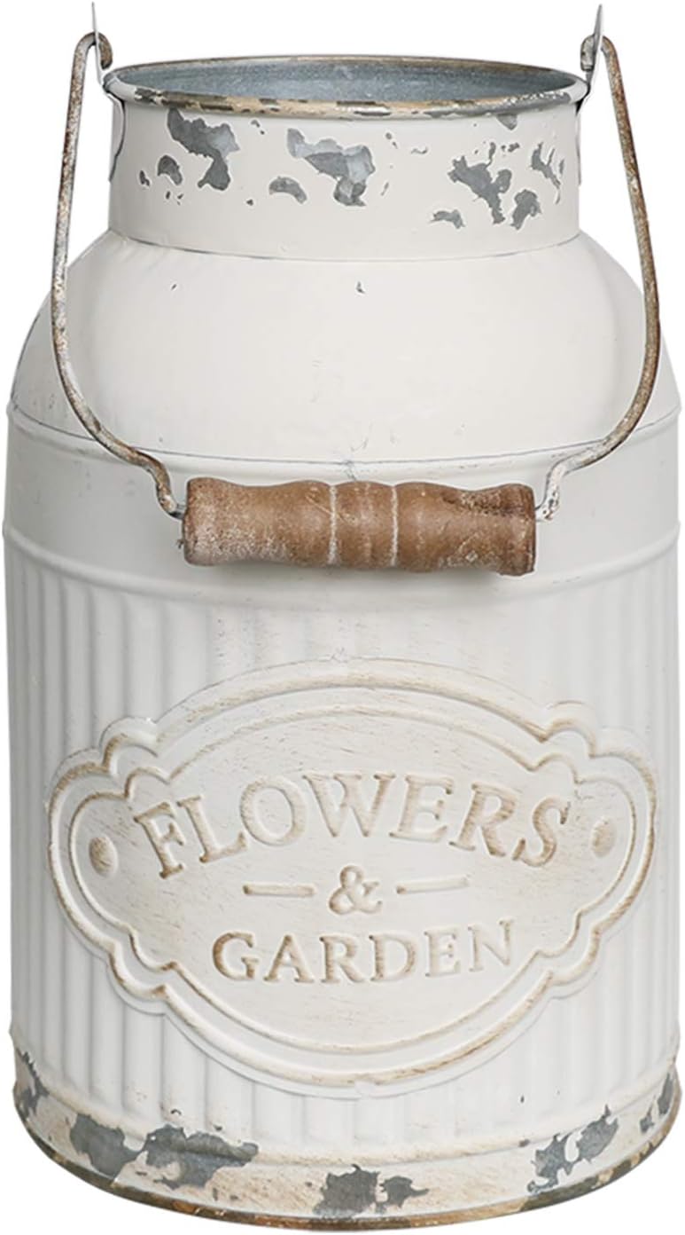 Yoillione Milk Jug, Farmhouse Vase, Decor with Handle - White Metal Vase for Artificial Flowers