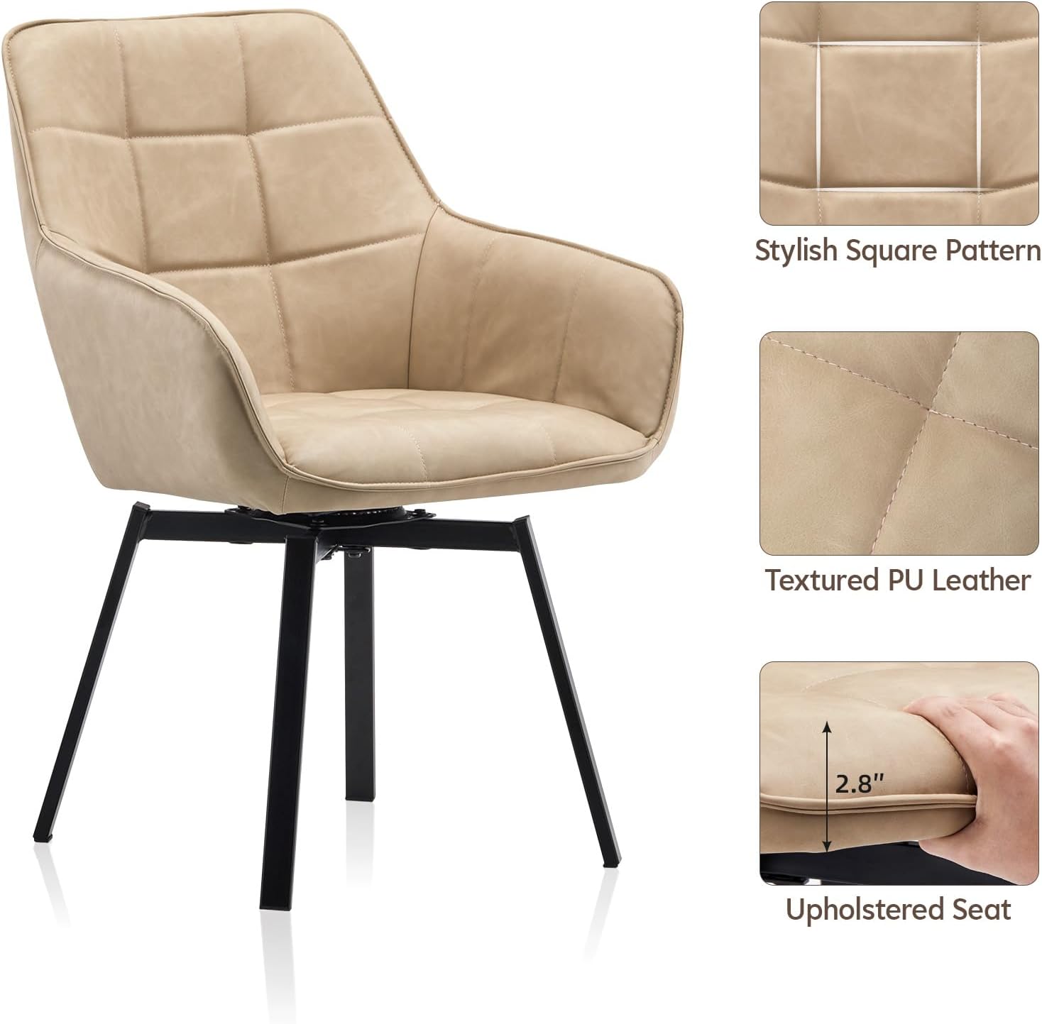 TUKAILAi Swivel Dining Chairs Set of 4, Faux Leather Dining Chairs with Arms & Metal Legs, Upholstered Mid Century Rotatable Kitchen Chairs for Living Room Bedroom Kitchen Restaurant (Cream)