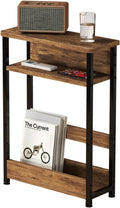 Garvee Narrow Side Table, 3-Tier Slim End Table with Storage Shelf, Modern Sofa Thin Side Tables for Narrow and Small Spaces, Skinny Bedside Tables Nightstand with Magazine Rack Space Saving Brown