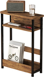 Garvee Narrow Side Table, 3-Tier Slim End Table with Storage Shelf, Modern Sofa Thin Side Tables for Narrow and Small Spaces, Skinny Bedside Tables Nightstand with Magazine Rack Space Saving Brown