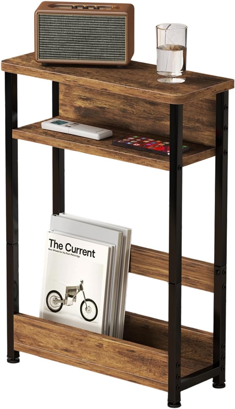 Garvee Narrow Side Table, 3-Tier Slim End Table with Storage Shelf, Modern Sofa Thin Side Tables for Narrow and Small Spaces, Skinny Bedside Tables Nightstand with Magazine Rack Space Saving Brown
