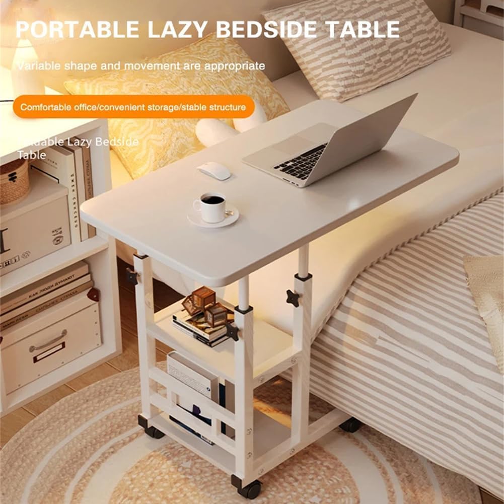 Height Adjustable c Table with Wheels, Small Overbed Tables, End Table with Storage Shelves, Sofa Desk Hospital Laptop Stand Drawing Desk Mobile Couch Snack Side Desks with Tiltable Drawing Board