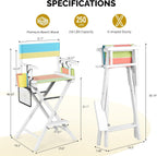 OmySalon Director's Chair 31" Height Folding Portable w/Storage Pouch & Footrest, Makeup Artist Chair for Salon, Events, Mobile, 250lb Capacity, White Wood Frame & Colorful Canvas Seat