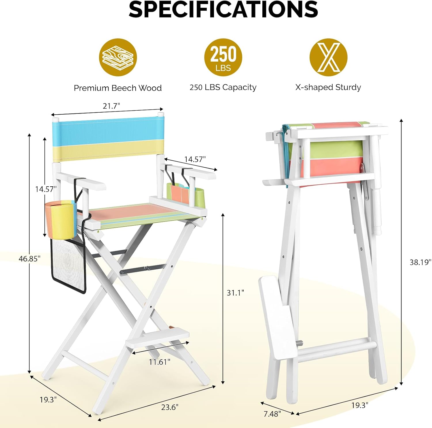 OmySalon Director's Chair 31" Height Folding Portable w/Storage Pouch & Footrest, Makeup Artist Chair for Salon, Events, Mobile, 250lb Capacity, White Wood Frame & Colorful Canvas Seat