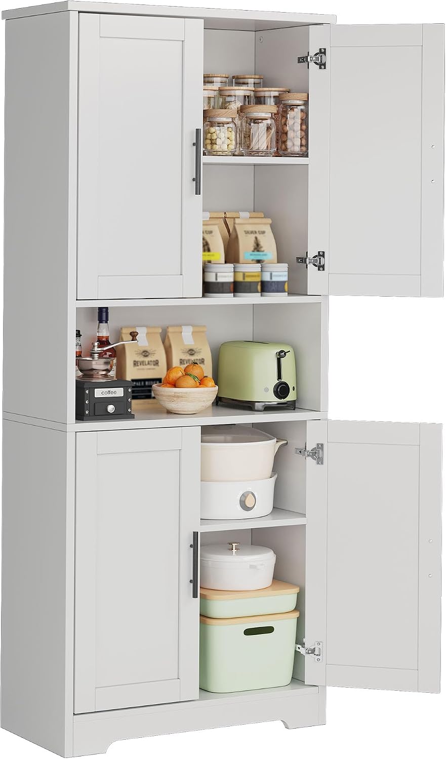 70" Kitchen Pantry Storage Cabinet, Freestanding Buffet Cabinet with Microwave Stand & 4 Door Shelves, Kitchen Hutch with Doors, Adjustable Shelves and Wine Rack,White.
