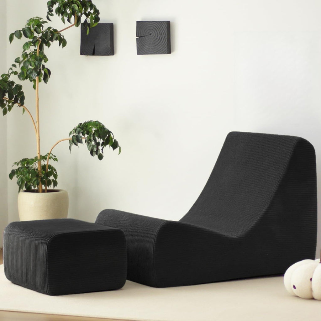 N&V Bean Bag Chair Single Seated Foam Sofa Armless Floor Sofa with High Density Foam Removable and Machine Washable Cover (Black, Large, Corduroy Stripes)