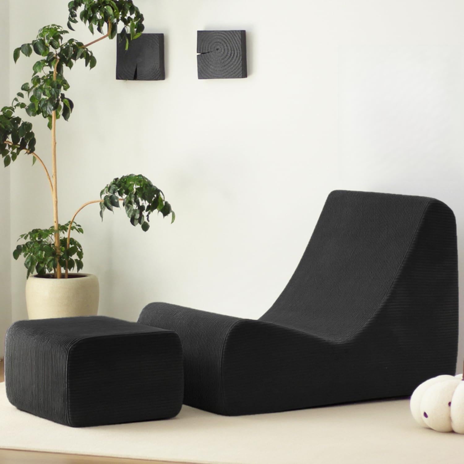 N&V Bean Bag Chair Single Seated Foam Sofa Armless Floor Sofa with High Density Foam Removable and Machine Washable Cover (Black, Large, Corduroy Stripes)