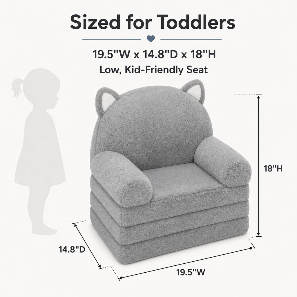 MONKISS Kids Couch, Comfy Toddler Chair, 2 in 1 Fold Out Kids Sofa, Baby Sitting Chair with Washable Cover, Toddler Furniture for Reading, TV and Playroom, Birthday Gifts, 1-4 Years Old, Grey Cat