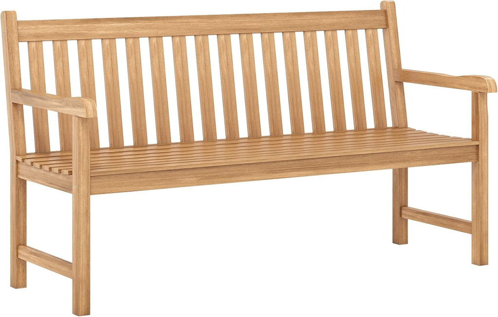 Tangkula 62" Teak Wood Outdoor Bench, 3-Seat Solid Wood Garden Patio Bench with Armrests and Backrest, Wooden Outside Porch Bench Seating Furniture for Backyard, Balcony and Park (62")