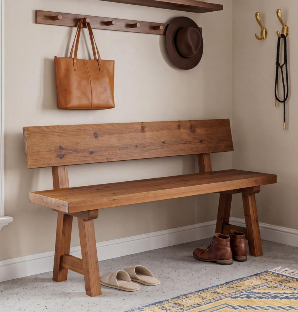 LITTLE TREE Solid Wood Bench with Back, 47-Inch Long Farmhouse Wooden Indoor Window Bench Seat for Entryway, Mudroom, Living Room, Easy Assembly, Rustic Brown
