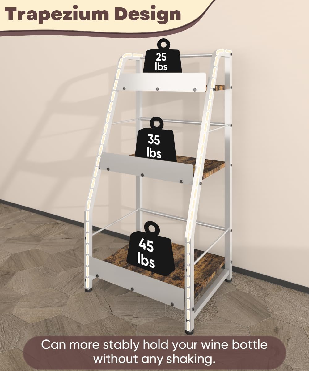 3-Tier Liquor Stand for Home Bar, Trapezoid Freestanding Whisky Bottle Holder with Fences, Stepped Versatile Liquor Bottle Display Shelf, Corner Floor Bar Stand for Liquor Storage, White