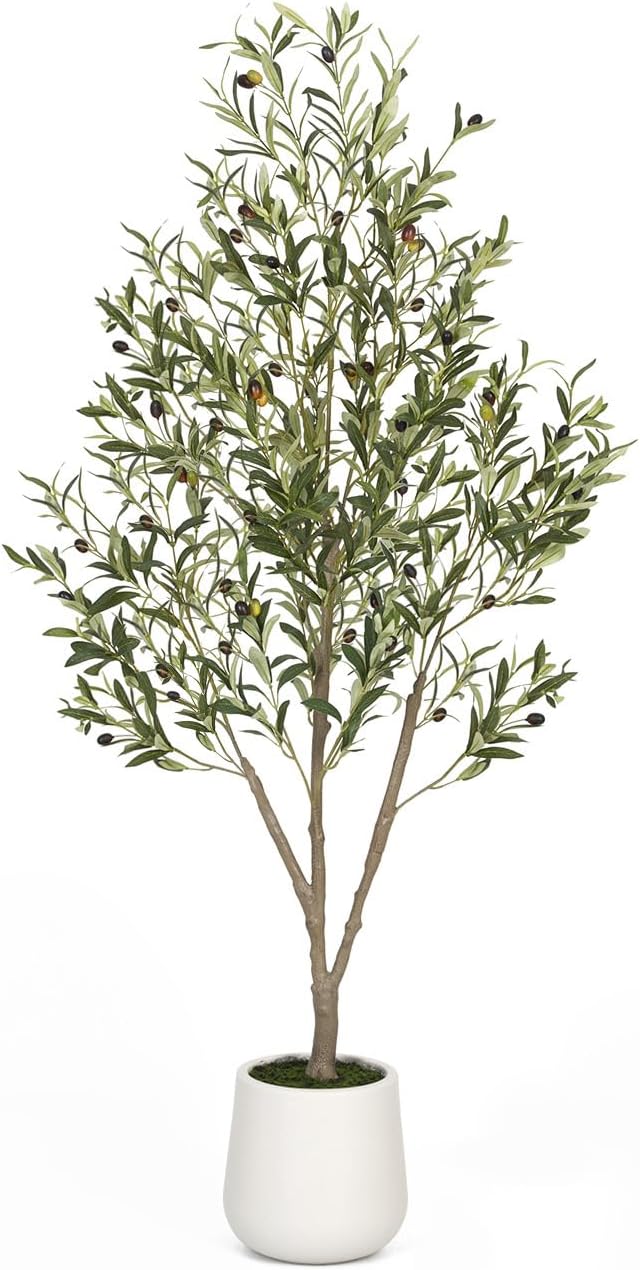 5FT Artificial Olive Tree Indoor Tall Faux Olive Trees with White Planter Natural Wood Trunk and Lifelike Fruits Potted Realistic for Home Office Living Room Decor