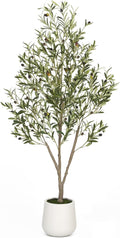 5FT Artificial Olive Tree Indoor Tall Faux Olive Trees with White Planter Natural Wood Trunk and Lifelike Fruits Potted Realistic for Home Office Living Room Decor