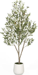 5FT Artificial Olive Tree Indoor Tall Faux Olive Trees with White Planter Natural Wood Trunk and Lifelike Fruits Potted Realistic for Home Office Living Room Decor