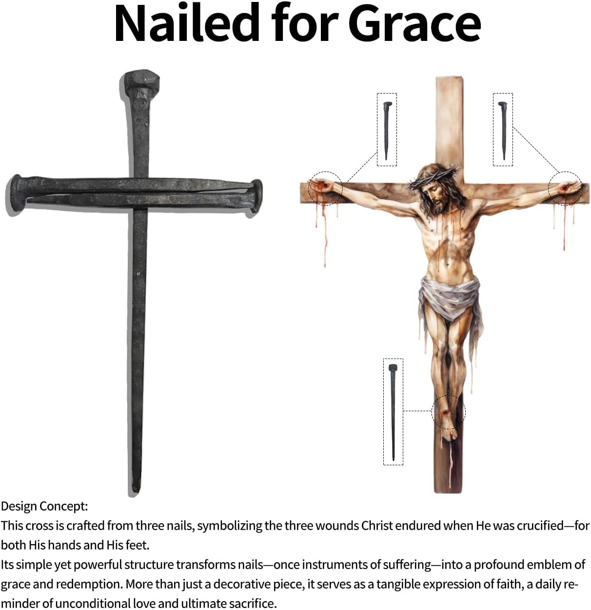 annrose Passion of Jesus Christ Crucifixion Nail Metal Cross,Jesus Christ Tabletop Crucifix,Ordination Gifts,Religious Gifts for Men Women,Religious Fathers Day Gift (Solid Wood Base)