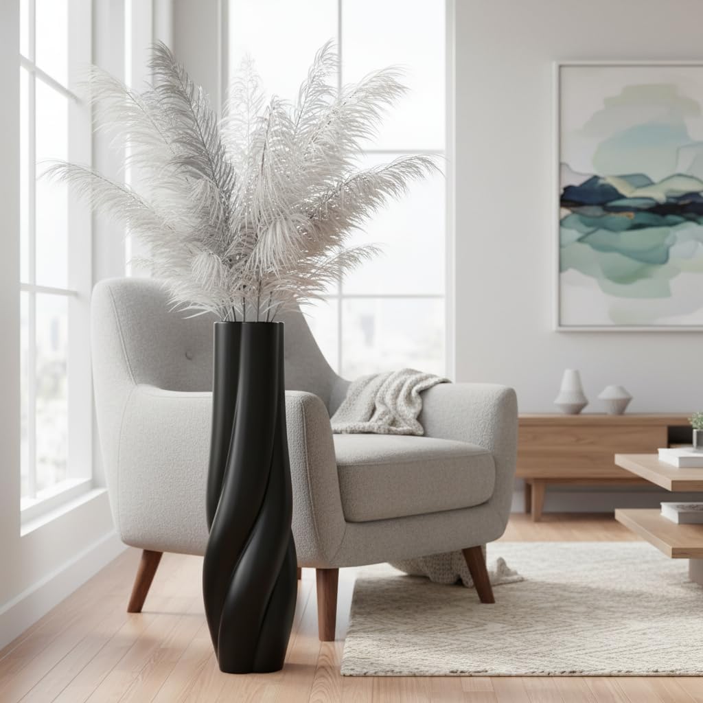 Modern Black Floor Vase, 24 Inch Tall Resin Home Decor Vases, Large Sturdy Vase for Living Room, Office, Bedroom Decor with 5" Opening for Dried Pampas Grass, Branches & Feathers