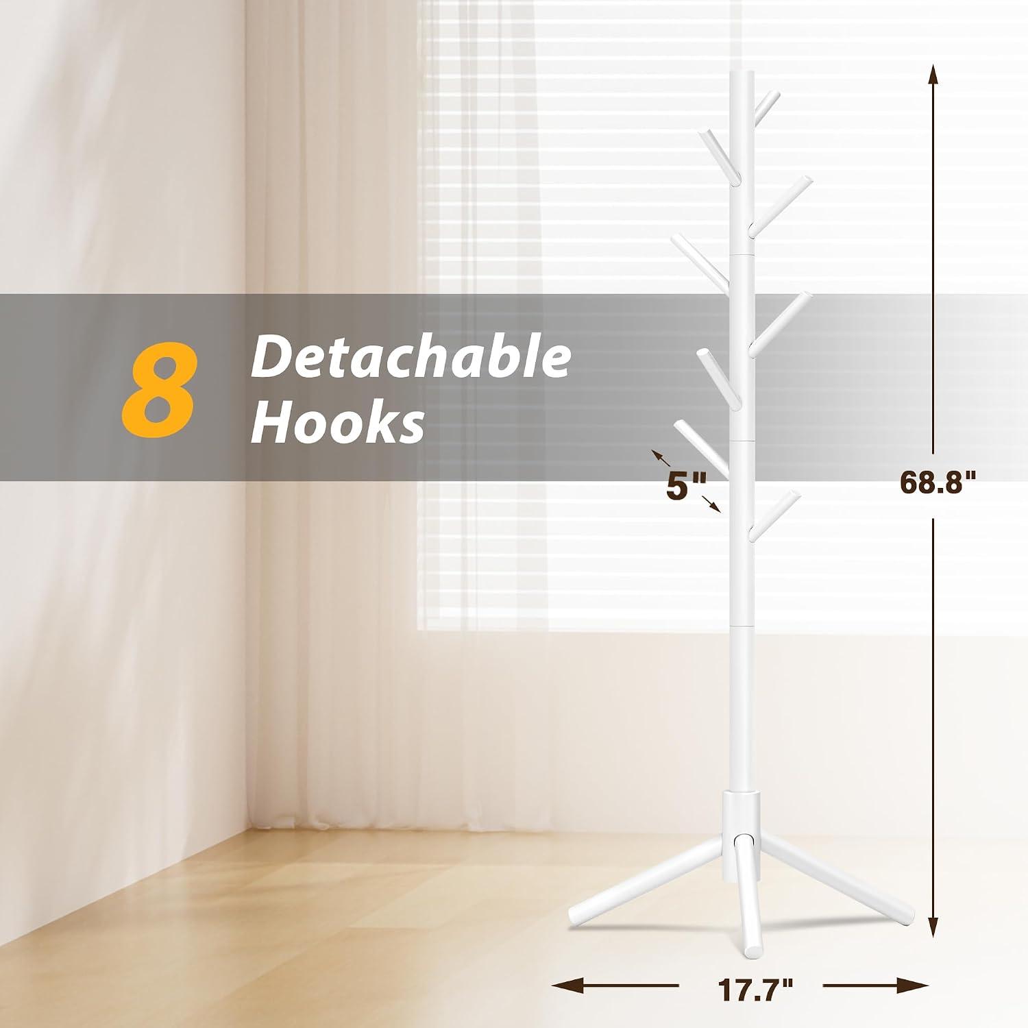 8-Hook Freestanding Coat Rack 3 Adjustable Heights White 2PCS | Easy Tool-Free Setup,Ideal for Entryway Bedroom Hallway Office,Holds Clothes Hats Handbags,Space-Saving Vertical Design