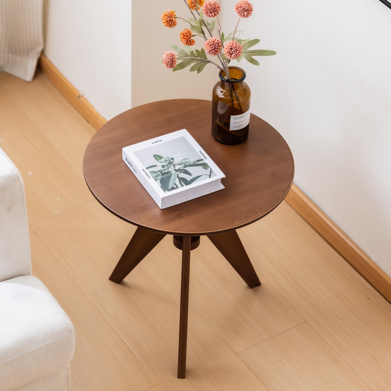 Maydear Bamboo Round Side Table Small Accent Table or Coffee Table for Living Room, Bedroom, or Office, Easy Assembly, 3-Leg Design