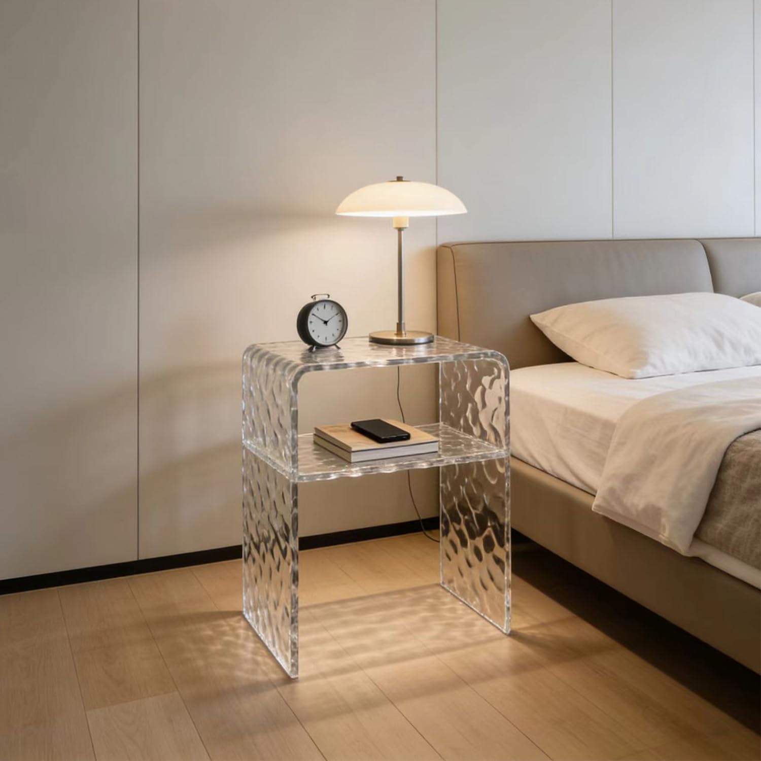 Acrylic 2-Tier End Table – 23.6”H Modern Nightstand with Shelf, Sturdy Bedside Storage for Bedroom, Living Room, Home Office, No Assembly Required (Water Ripple)