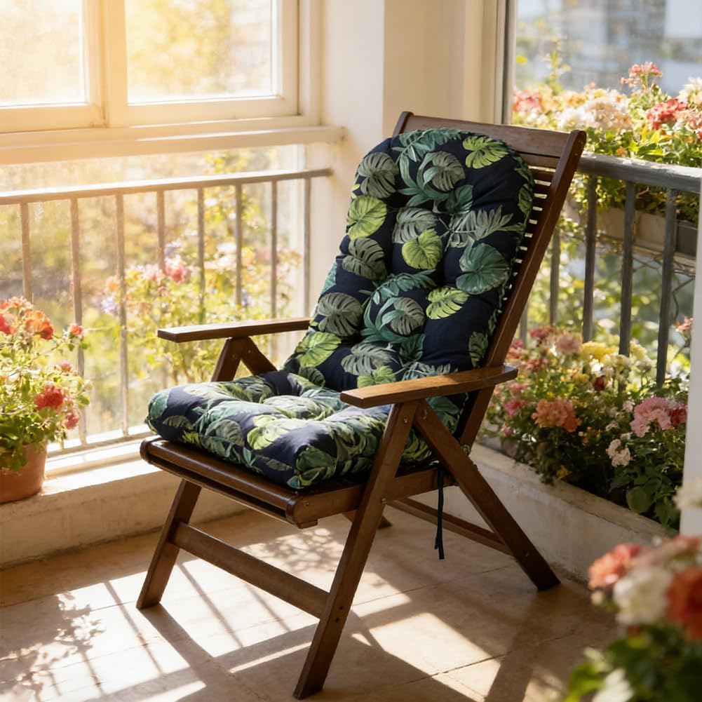 Indoor/Outdoor Rocking Chair Cushion Waterproof 43.3×19.7 in-All Weather Patio&High Back Chair Cushions with Ties,Thicken Outdoor Garden Furniture Chair Pads Replacement (Green Leaf)
