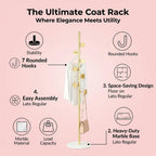 Coat Rack Freestanding Gold Clothes Rack with Marble Base & 7 Staggered Round Hooks, Heavy Duty Stable Coat Hanger Garment Stand for Entryway Bedroom, Hall Tree Racks for Clothing Hats Bags Purses