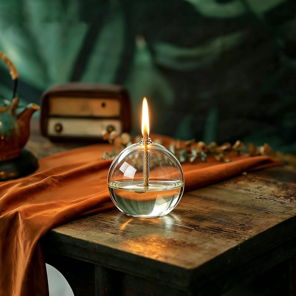 SUPERFINDINGS 2 Sets Clear Glass Oil Lamp Round Refillable Liquid Petite Oil lamp 8 x 7.4 cm Burning with Wick and Holder Included for Indoor Lighting and Outdoor Events